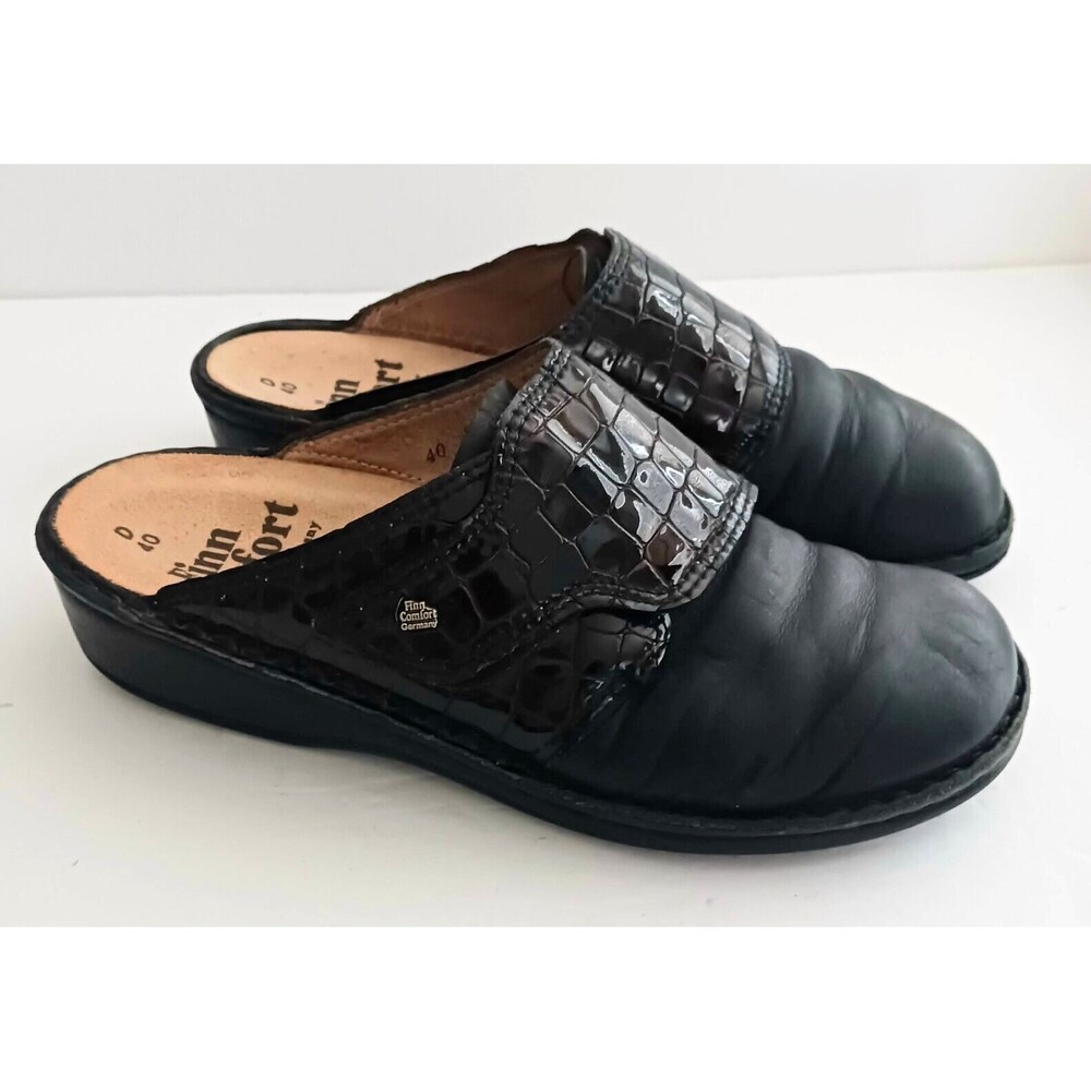 Finn Comfort Blk Leather Clog Moc Croc Accent Made in Germany EU 40 US 9